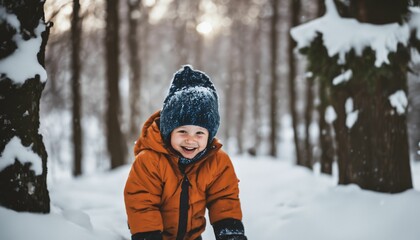 Fototapeta na wymiar Portrait of a happy child in winter nature with snowfall