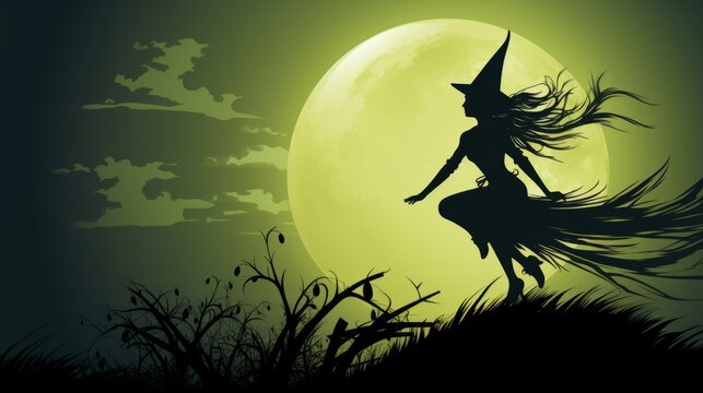 Illustration of witch in the foreground with the rising moon in the background. 