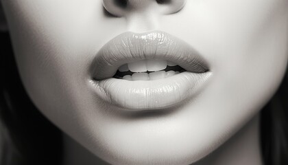 Monochrome close up of womans lips with a slightly open mouth, exuding beauty and sensuality