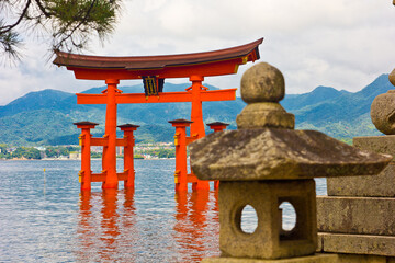 ancient torii in the island of miyajima in japan
