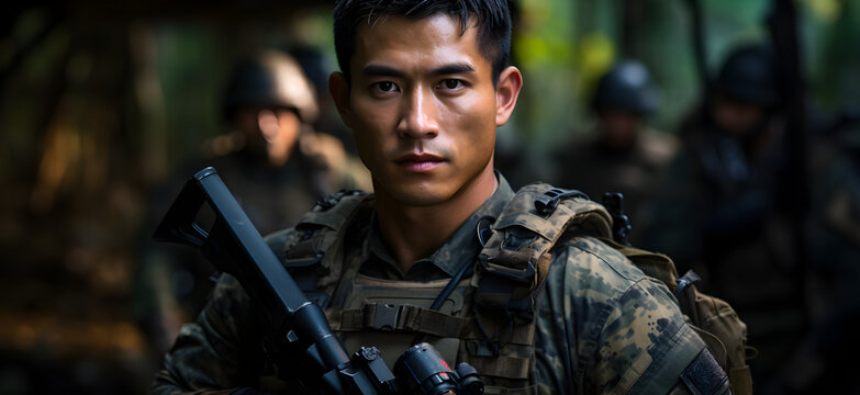 Asian soldiers looking at camera with team in the background