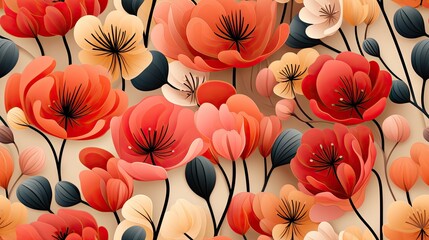  a bunch of red and yellow flowers on a white background with black stems and leaves on a beige background with black stems and orange and red flowers.  generative ai - obrazy, fototapety, plakaty