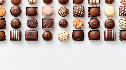 Closeup of many delicious chocolates. Assortment of dark, milk and bitter chocolate candies, wallpaper. - obrazy, fototapety, plakaty