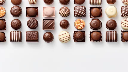 Foto op Plexiglas Closeup of many delicious chocolates. Assortment of dark, milk and bitter chocolate candies, wallpaper. © dinastya