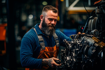Portrait of an optimistic factory worker checking the dimensions of metal parts of a machine. Blurry factory setting with various metal shapes and products.