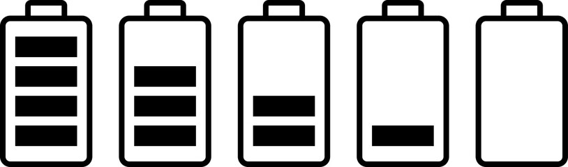 Battery charge indicator icons. Concept power, energy, low, full, empty. PNG