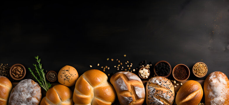 bread on black background Various types of bread banners for food advertising.