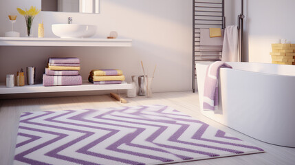 Cute rug in the interior of a modern bathroom. Accessories for home coziness and comfort. Empty bathroom with fabric rug on the floor. 