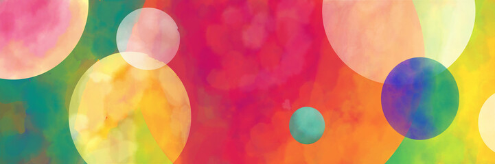 Abstract modern art background style design watercolor painting with circles and spots in colorful pink, blue, yellow, red, green, white and orange on light green and yellow background