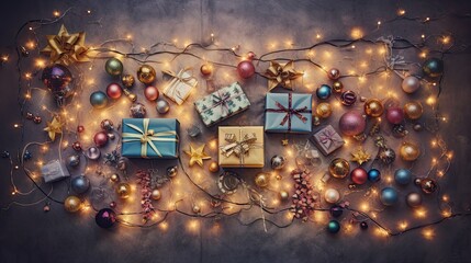 a group of presents sitting on top of a table covered in christmas ornaments and wrapped in blue and gold paper.  generative ai