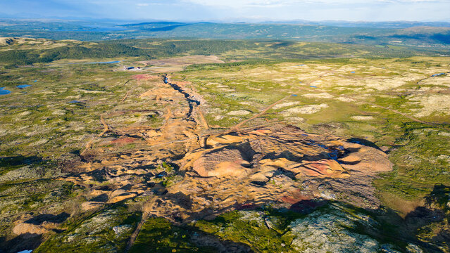 Aerial view of historic Kongens Gruve iron mine, today a sightseeing attraction and part of R&oslash;ros Unesco heritage
