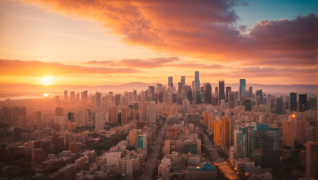 Colorful cityscape during a spectacular sunrise, with a gradient of warm and cool tones - AI Generative