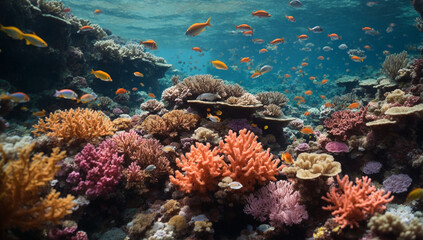 Colorful coral reef teeming with vibrant fish and other marine creatures - AI Generative