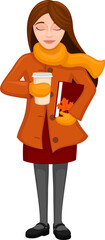 Vector illustration of a cartoon woman dressed in autumn colors, holding coffee and a book.