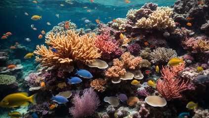 Fototapeta na wymiar Colorful coral reef teeming with vibrant fish and other marine creatures - AI Generative