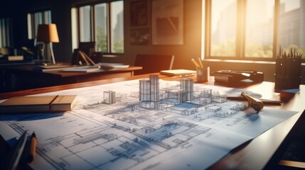 a housing construction project within the real estate domain, detailed residential building plans neatly arranged on an architect engineer's office desk, ample copy space against a background.