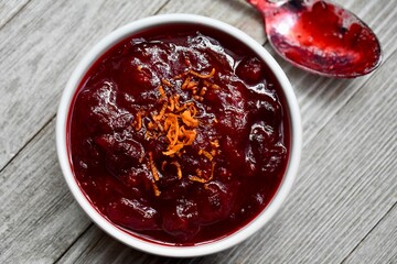 Cranberry sauce in a white bowl