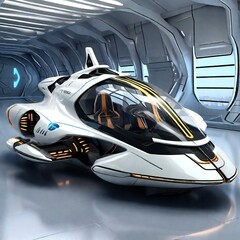 A futuristic vehicle, such as a sleek hovercraft or a futuristic spaceship, with advanced propulsion systems and sleek, aerodynamic designs