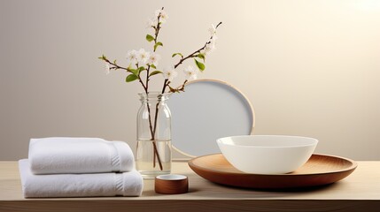 a round dish adorned with a white towel, cotton pads, a wooden brush, and a glass vase with a tree branch, an inviting empty space, perfect for natural beauty product advertising.