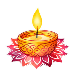 Mandala candle. Ornate Diwali decorative candle. Watercolor illustration created with Generative Ai technology