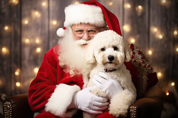 Santa Claus with white poodle puppy, pet photo shoot at Christmas holiday