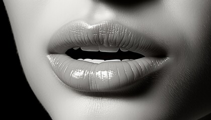 Close up portrait of womans lips with slightly open mouth   black and white photography