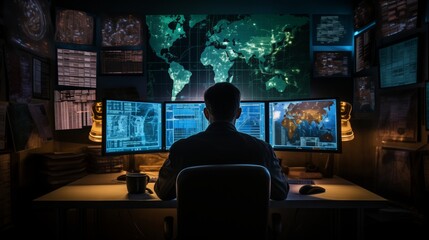a shadowy figure in a dark room, backlit by multiple computer screens displaying code and graphs, suggesting secretive activities in the digital realm