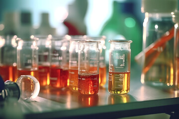 Glass bottle with liquid in a lab experiment with orange coloring liquid mixing in oil extraction in a different tube container - obrazy, fototapety, plakaty
