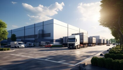 Large logistic business transport warehouse dock station with commercial office building and factory