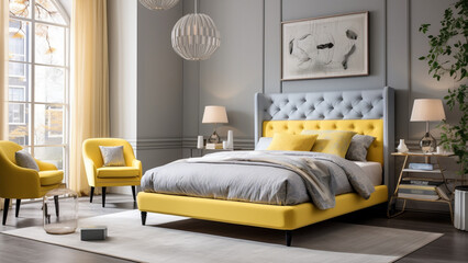 light colored bedroom with grey walls, lemon yellow bed frame with brass nailhead, and white accents 
