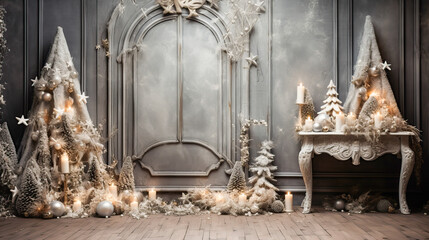 Vintage,   luxury design for digital backdrop.  Christmas, New Year celebration theme. Gray, gold tones. Great design for greeting card, place for text, copy space