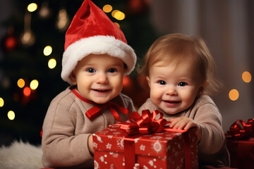 Fototapeta na wymiar Two happy babies in Christmas Santa hats holding red present box with ribbow looking at camera fur bokeh tree on background. Celebrating happy Christmas Xmas New Year Eve December holiday concept