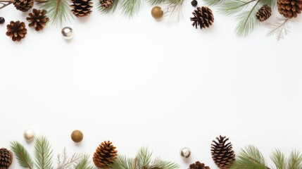 a frame of fir branches and pine cones on a clean white background, evoke the essence of the Christmas season and New Year celebrations, with a flat lay perspective, top view
