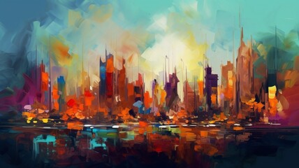Colorful abstract menacing cityscape landscape AI Generated illustration art - obrazy, fototapety, plakaty