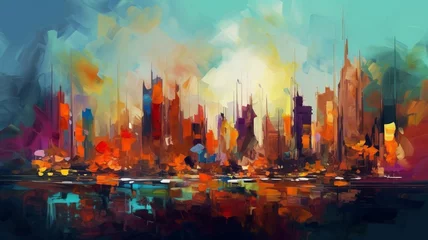 Fotobehang Colorful abstract menacing cityscape landscape AI Generated illustration art © Arabindu