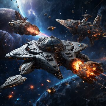 A scene depicting a space battle between massive starships, with lasers and explosions filling the cosmic backdrop