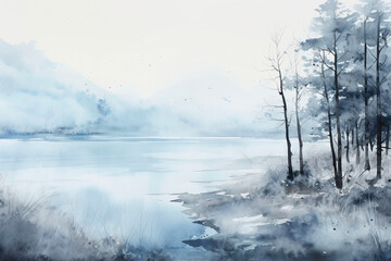 misty morning in the forest, watercolor blue landscape, background
