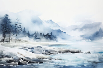 Obraz premium winter landscape in the mountains, blue watercolor