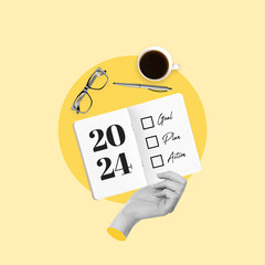 New year's goal, 2024, plan, action with text, notepad, business management, Inspiration for...