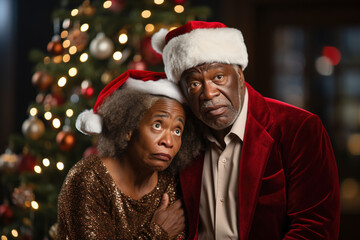 Senior african american couple looking anxiously and wearing santa hats against the background of a Christmas tree. The concept of confidence in the future.