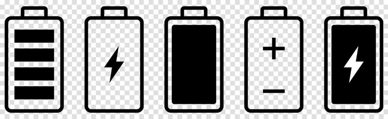 Set of battery icons. Battery charging signs. Vector illustration isolated on transparent background - obrazy, fototapety, plakaty