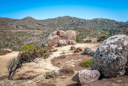 The granite rocks of Volax, a traditional village in the middle of Tinos, Cyclades, Greece. According to a strange phenomenon the village is surrounded by huge, smooth, granite stones.