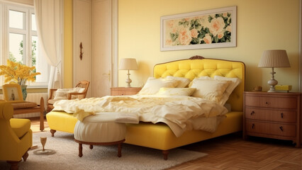 creamy colored bedroom with lemon yellow bed and wooden furnitures 