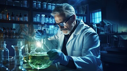 a scientist in gloves engaged in laboratory research, the scientist holding a glass flask and a test tube, capturing the essence of scientific exploration.