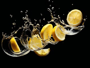 slices of lemons falling into water, on a black reflective background, water splashes