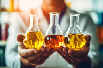 Scientist explores a clear tube containing new liquid and oil extraction  to experiment in the petrochemical and polymer laboratory for new formula product development - obrazy, fototapety, plakaty