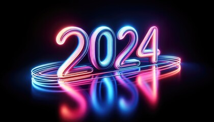 Vibrant neon light display of the number 2024, symbolizing the upcoming New Year, with vivid pink and blue hues reflecting on a sleek surface, creating a festive and futuristic atmosphere.