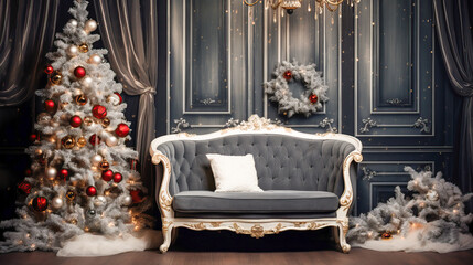 Classical look Chrismtas, New Year celebration background with decorations in red, gold  tones. Gray tones. Christmas tree, gifts, candles and chair. Great idea for interior, backdrop, background.