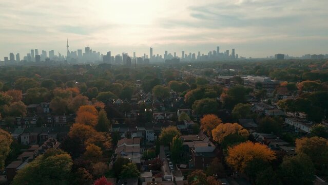 A reveal of Toronto's evening skyline looking west 