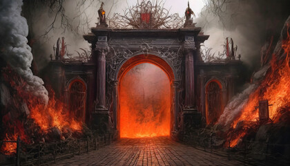Door entrance to hell religious concept - obrazy, fototapety, plakaty